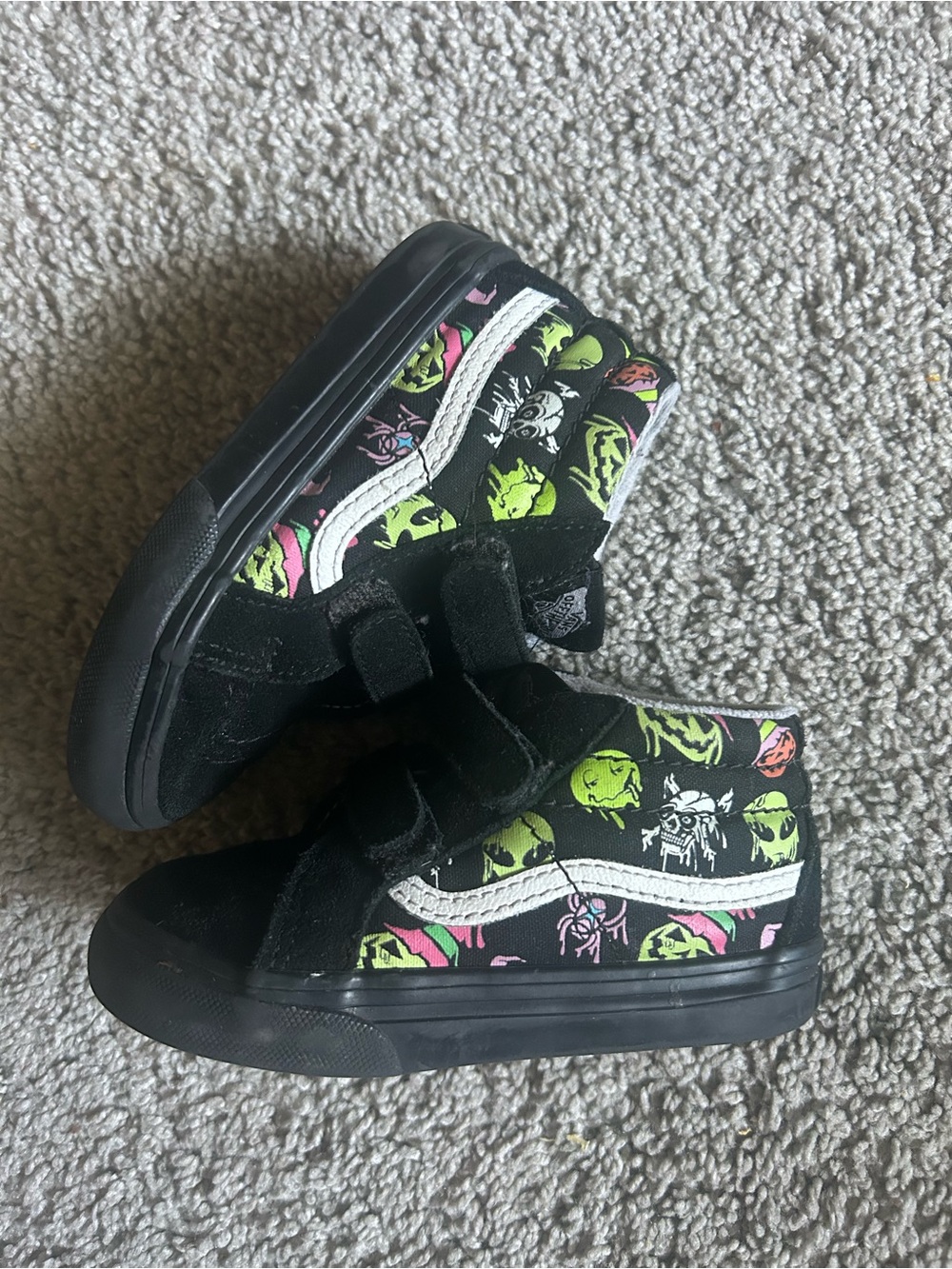 Vans Kids Black High-Top Sneakers with Neon Green & Pink Skull Graphics